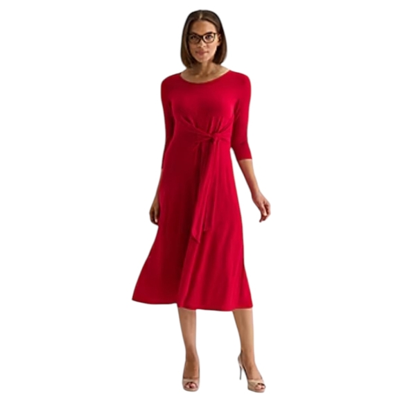 Perceptions Red Knit 3/4 Sleeve Midi Fit + Flare  Waist Tie Dress EUC Sz S - Picture 1 of 7